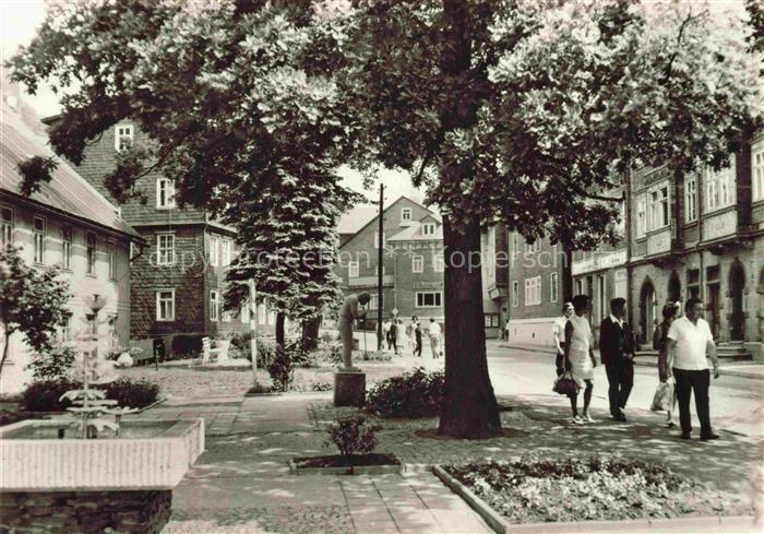 Lauscha Strasse-zum-Huettenplatz Stadtplatz Brunnen Passanten Fachwerkhaus Baeum