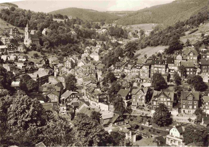 Lauscha Stadtpanorama Tal Nadelwald Kirche Haeuser Fachwerkhaeuser Hang DDR