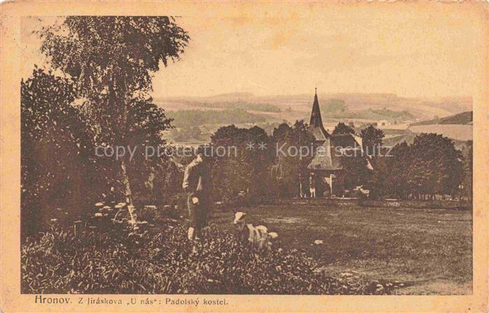 Hronov Hronow CZ Padolský-kostel Jiráskova-U-nás Kirche Wiese Baeume Mann Landsc