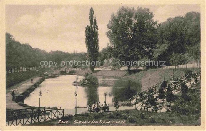 ZEITZ Sachsen-Anhalt Schwanenteich Teich Park Bruecke Pappel Baeume Schwaene Spa