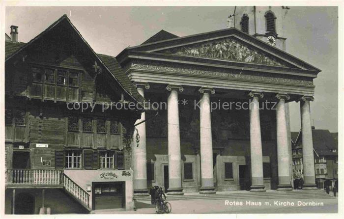Dornbirn Vorarlberg AT Rotes-Haus Kirche Marktplatz Saeulenportal Fassadenmalere