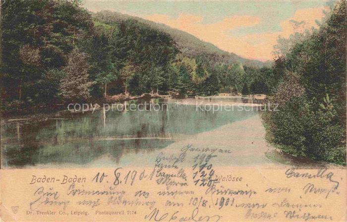 Innenstadt Baden-Baden Waldsee See Wald Baeume Ufer handkoloriert