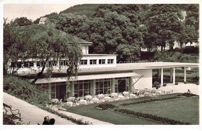 Bad Langenschwalbach Hessen Kurhalle Kurpark Terrasse Stuehle Tische Taunus Baeu
