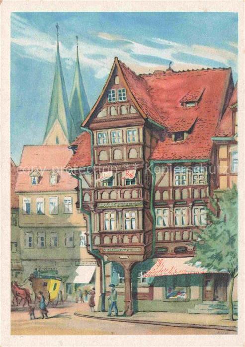 Halberstadt Harz Stelzfuss Fachwerkhaus Kirchturm Marktplatz Kutsche Passanten I