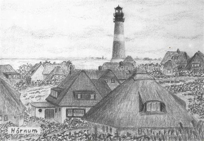 Hoernum Sylt Leuchtturm Reetdachhaeuser Sylt Zeichnung Nordfriesland Duenen