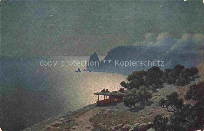 KALMYKOFF G. O. Kuenstlerkarte Idylle Lunaire au Bord de la mer