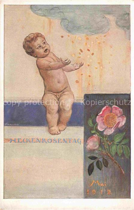 KAULBACH F A Kuenstlerkarte Heckenrosentag Litho Kind