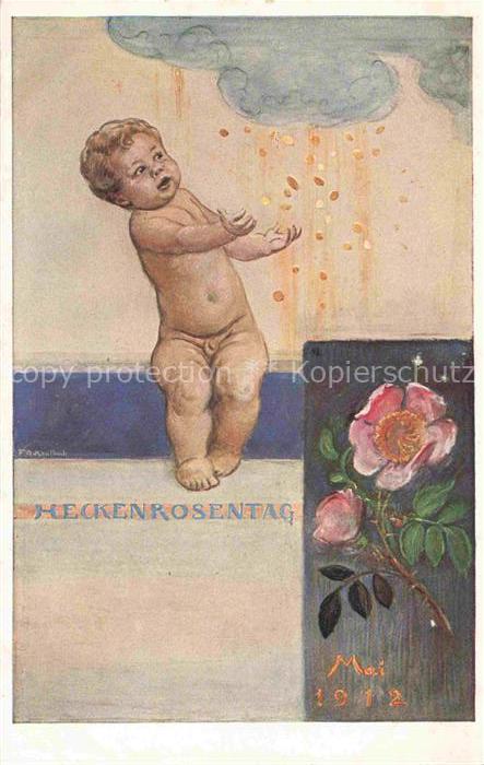 KAULBACH F A Kuenstlerkarte Heckenrosentag Kind Litho