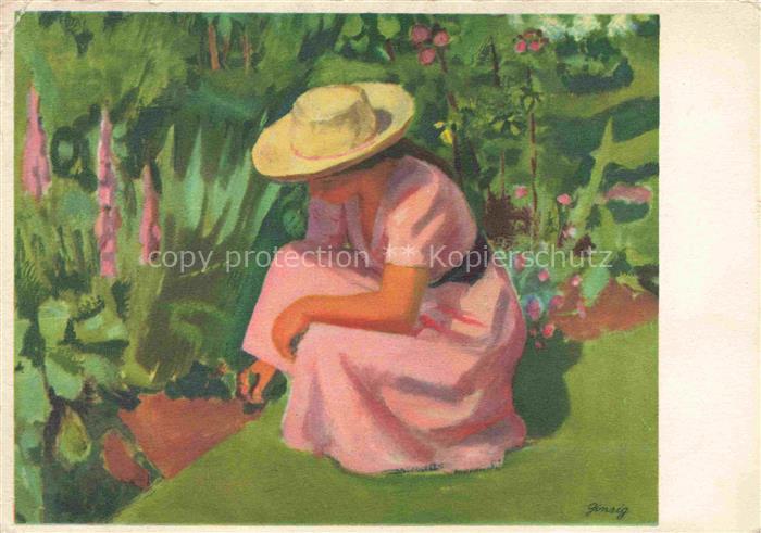 GINSIG M. Kuenstlerkarte Zuerich Frau im garten