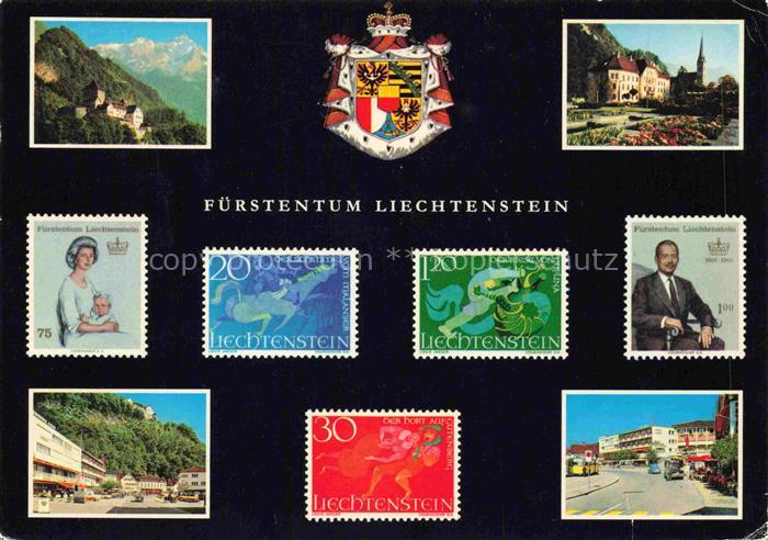 Briefmarken auf AK Timbres Postage Francobollo-- Fuerstenturm Liechtenstein