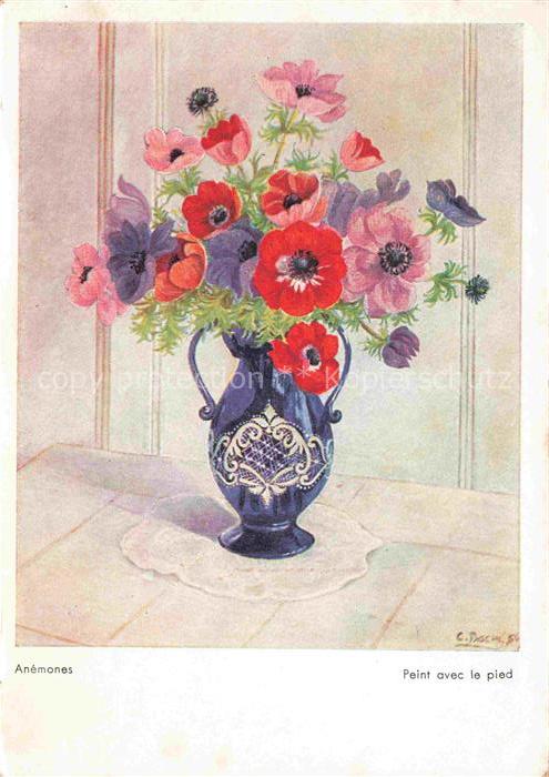 PASCHE Ch. Kuenstlerkarte fussgemalt peint avec le pied Anemones Vase