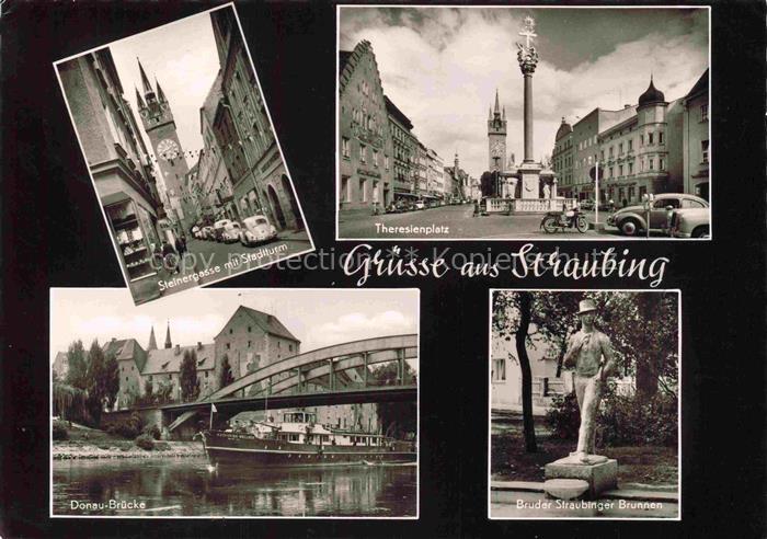 Straubing Steinergasse Stadtturm Theresienplatz Mariensaeule Donau-Bruecke Dampf