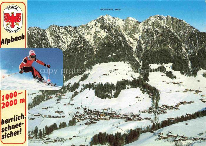 Alpbach 1000m Brixlegg Tirol AT Gratlspitz Skifahrer Winter Bergdorf Holzhaeuser