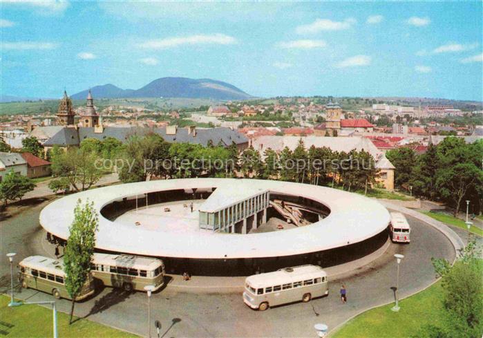 Eger  Erlau Ungarn HU MÁVAUT-Busbahnhof Busse Rundgebaeude Kirchturm Stadtpanora