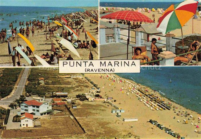 Punta Marina Ravenna IT Strand Sonnenliegen Schirme Meer Fliegeraufnahme Strandb