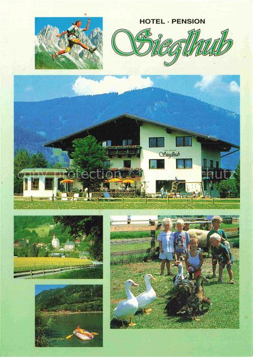 Flachau AT Hotel-Pension-Sieglhub Berge Alpenwiese Kinder Enten Rafting Kirche S