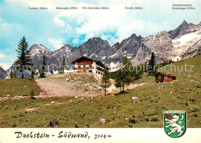 Dachstein Suedwand Panorama mit Berghotel Tuerlwand und Gletscherstation Hunerko