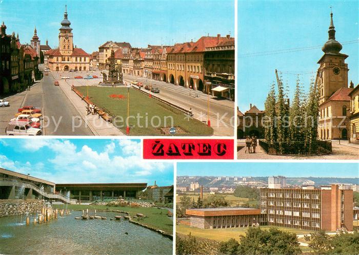 Zatec CZ Namesti VRSR Radnice s chmelnici Kulturni dum Moskva Vyzkumny ustav chm