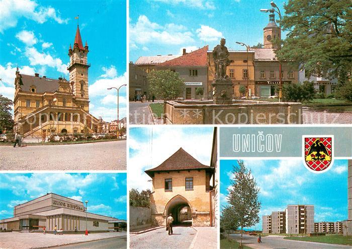 Unicov Maehrisch-Neustadt CZ Radnice Nam 9 kvetna s kasnou Kino Druzba Medelska