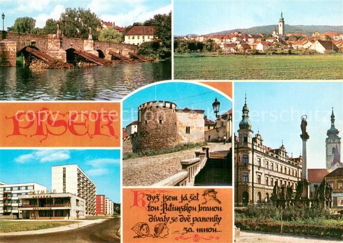 Pisek CZ Wottawa Bruecke Stadtansicht mit Kirche Restaurant Olympie Burg Altstad