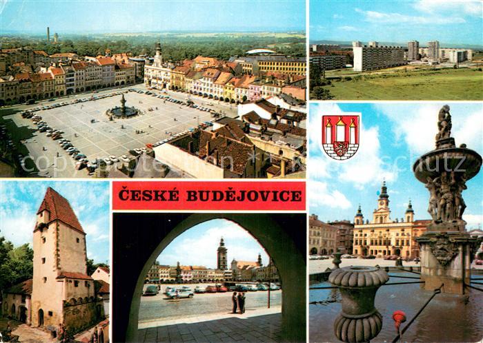 Ceske Budejovice Platz Innenstadt Brunnen Wohnsiedlung Hochhaeuser