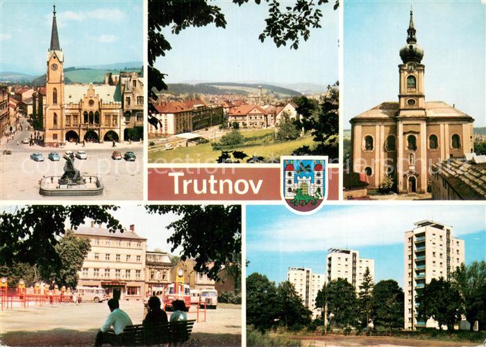 Trutnov Rathaus Stadtpanorama Kirche Bushaltestelle Wohnsiedlung Hochhaeuser