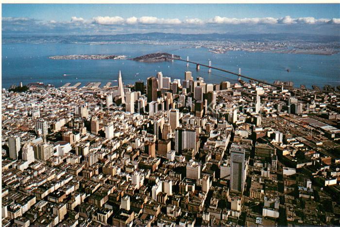 San Francisco California Aerial view of downtown with bay bridge and East Bay