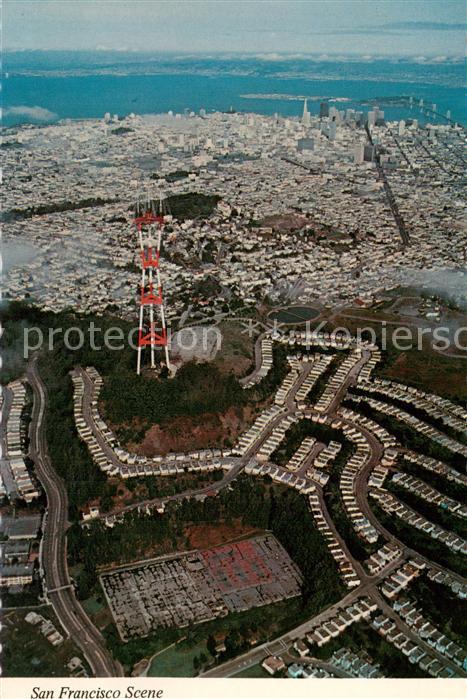 San Francisco California The Transamerica Pyramid seen from the air above Peaks