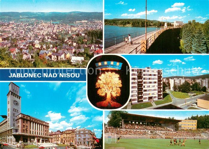 Jablonec nad Nisou Gablonz Neisse CZ Panorama Radnice Prehrada Zizkuv vrch Stadi