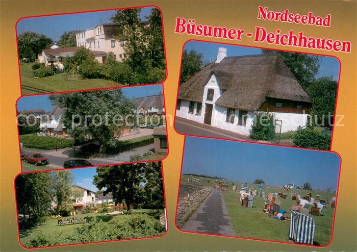 Deichhausen Buesum Nordseebad Park Reetdachhaus Strandpartie