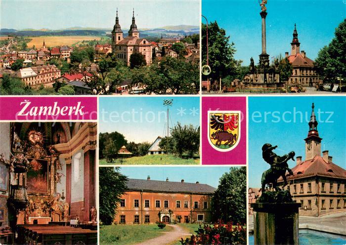 Zamberk CZ Panorama Mariansky sloup se starou radnici na Mirovem namesti Bronzov