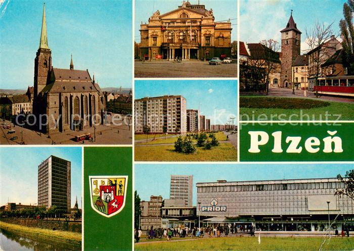 Plzen Pilsen Kirche Schoss Hochhaus Kaufhaus Prior