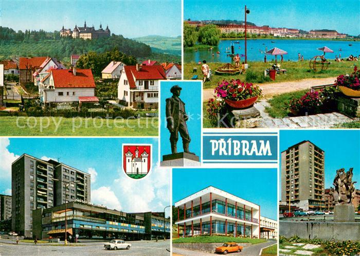 Pribram CZ Celkovy pohled Koupaliste Novy rybnik Socha hornika Obchodni dum Uran