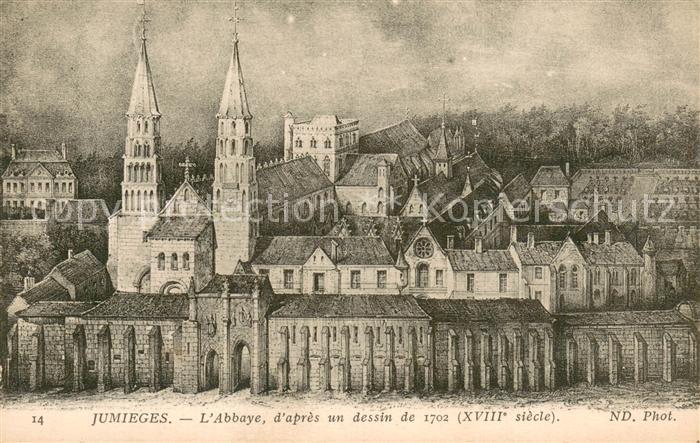 Jumieges Abbaye d après un dessin de 1702 Kuenstlerkarte