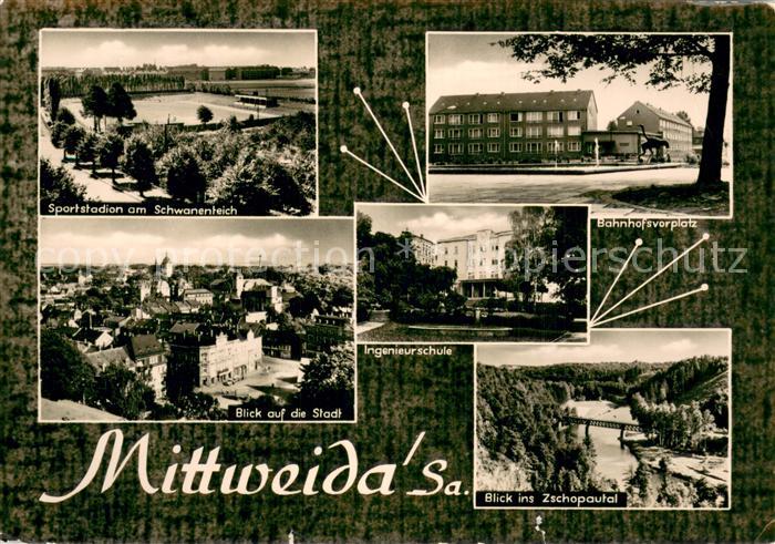 Mittweida Sportstadion am Schwanenteich Bahnhofsvorplatz Stadtpanorama Ingenieur