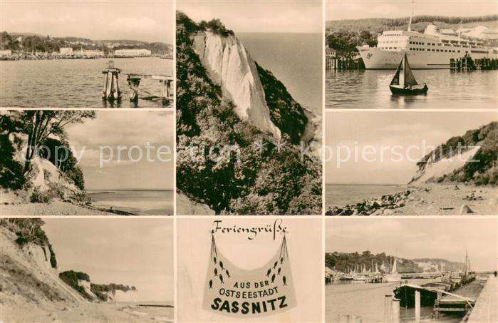 Sassnitz Ostseebad Ruegen Partien am Strand Kueste Kreidefelsen Hafen Dampfer
