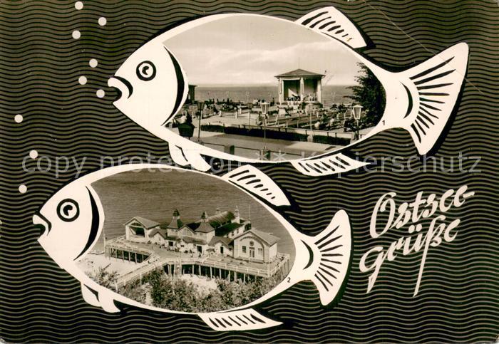 Binz Ruegen Kurplatz mit Musikpavillon Sellin Seebruecke mit Strandcafe