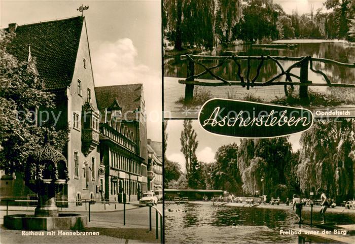 Aschersleben Sachsen-Anhalt Rathaus mit Hennebrunnen Gondelteich Freibad unter d