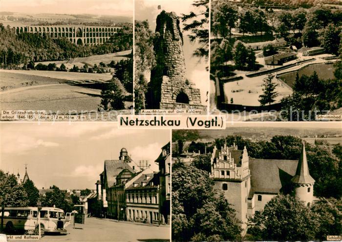 Netzschkau Die Goeltzschtalbruecke Aussichtsturm Schwimmbad Markt und Rathaus Sc