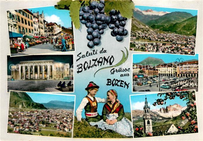 Bozen Suedtirol Teilansichten Panorama Trachtenpaar Kirche