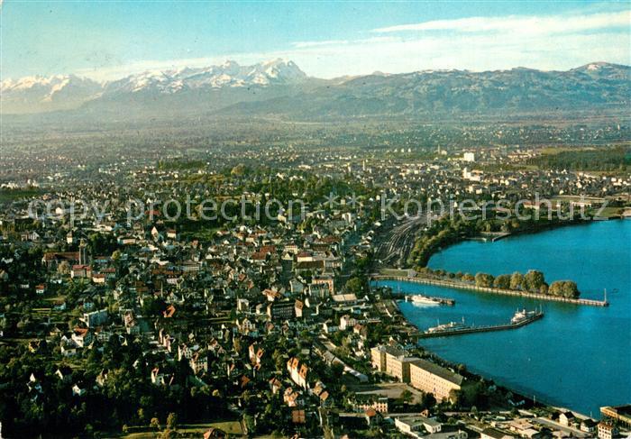 Bregenz Bodensee Fliegeraufnahme mit Schweizer Bergen