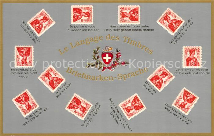 Briefmarken auf Postkarte Schweiz Le Langage des Timbres
