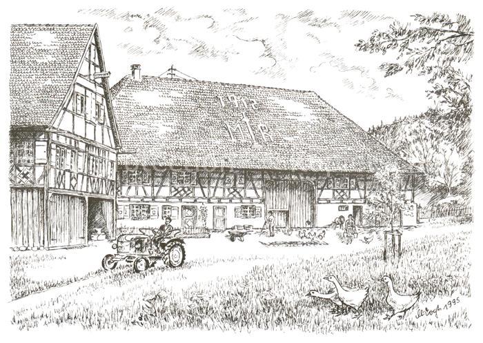 Danketsweiler Bauernhaus-Museum Wolfegg Kuenstlerkarte Federzeichnung-Margit Vog
