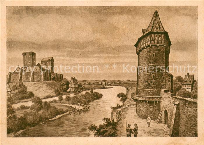 Alt Hannover Am Hohen Ufer Stadtmauer mit Beginenturm und Garten der Beginen Zei