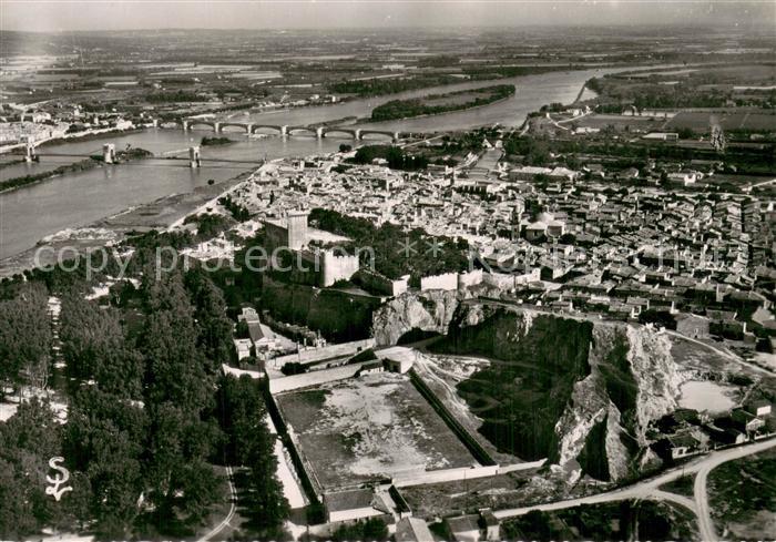Beaucaire Gard Le Chateau La Ville et les ponts du Rhone Vue aerienne