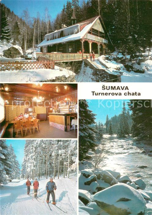 Sumava Czechia Turnerova chata Gastraum Skilanglauf Verschneider Waldweg