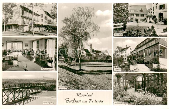 Bad Buchau Federsee Kurhaus Moorbad Motiv mit Kirche Moorbadanlaen Landungssteg