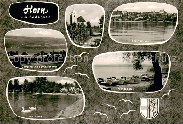 Horn Untersee Camping und Schweizer Ufer Kirche Seepartie Strand Gondelhafen