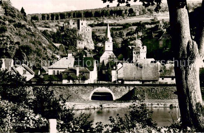 Balduinstein Partie an der Lahn Blick zur Kirche Burgruine