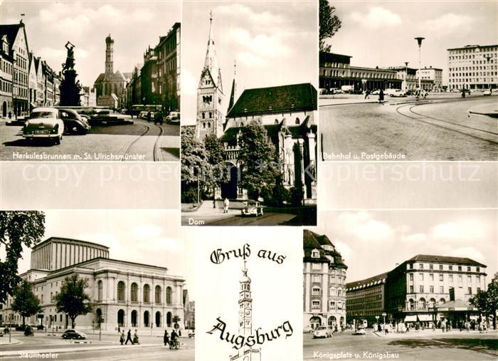 Augsburg Herkulesbrunnen mit St Ulrichsmuenster Dom Bahnhof Postgebaeude Stadtth